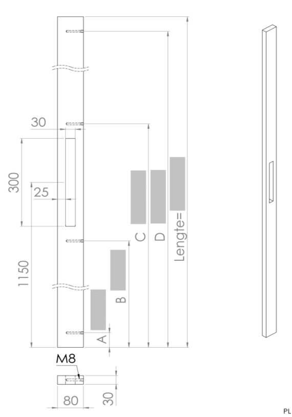 ALUMINIUM DEURGREEP MODEL PL 01 ⧄ 30/80 - stuk